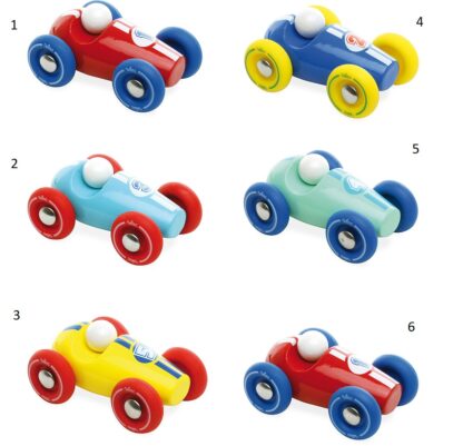 Vilac Dřevěné závodní mini auto 1 ks modré s červenými koly Vilac Dřevěné závodní mini auto 1 ks modré s červenými koly
