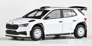 Modely autíček Škoda Fabia IV RS Rally2 (2022) 1:43 - Bílá, šotolinová kola 143XAB-607Eg, kovové modely aut Škoda, Oldmodel.cz