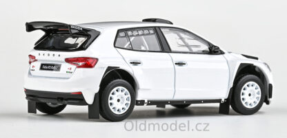 Modely autíček Škoda Fabia IV RS Rally2 (2022) 1:43 - Bílá, šotolinová kola 143XAB-607E2g, kovové modely aut Škoda, Oldmodel.cz