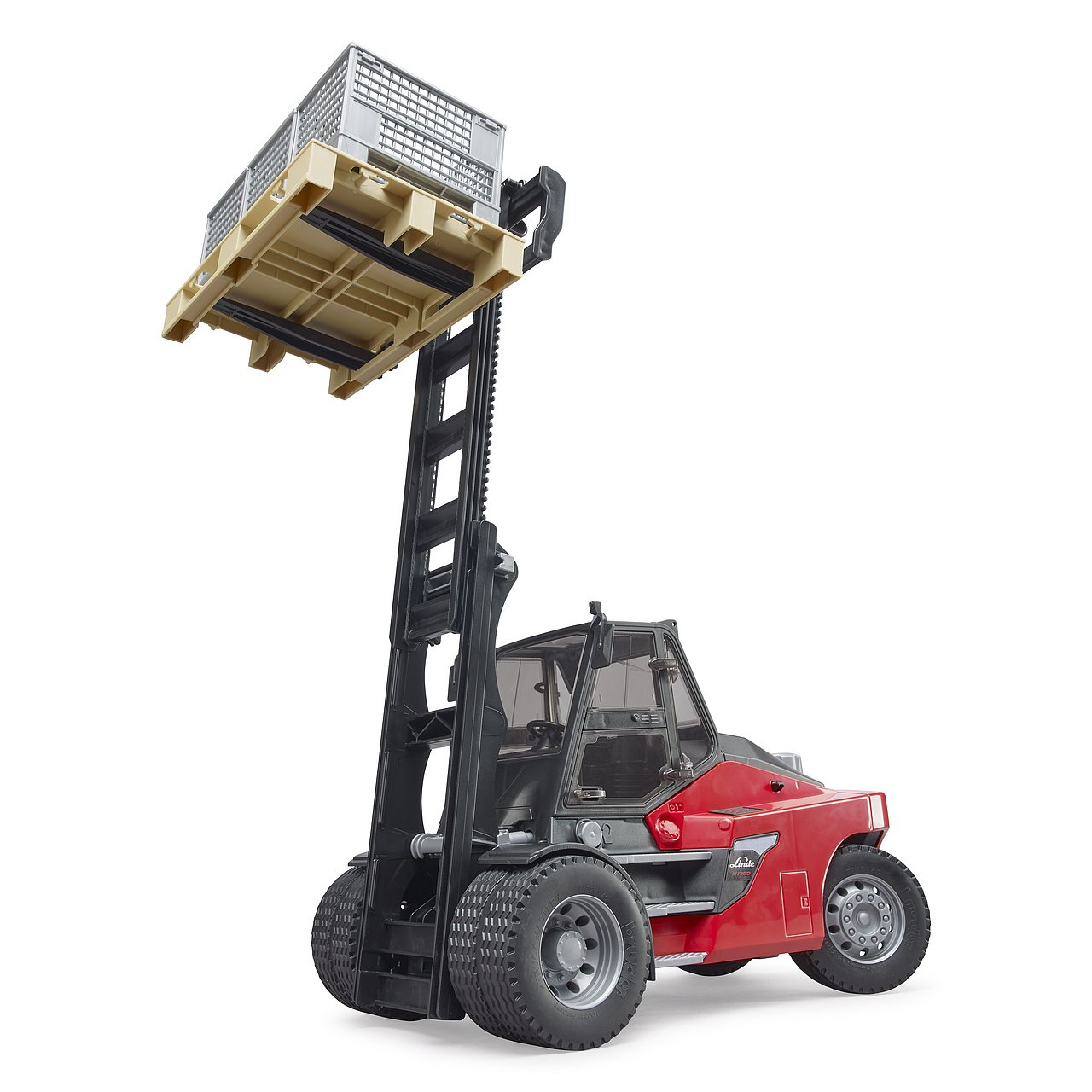 Bruder Vysokozdvižný vozík Linde HT160D s paletou a 3 boxy - Obrázek 3