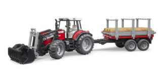 Bruder Traktor Massey Ferguson 7480 s čelním nakladačem a přepravníkem klád