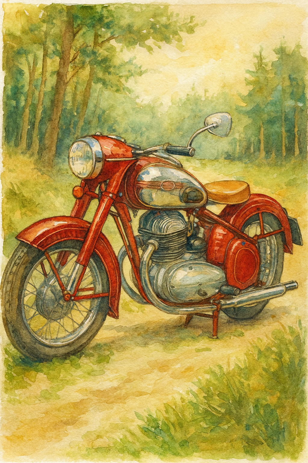 Dobová akvarelová ilustrace modelu motocyklu Jawa 500.